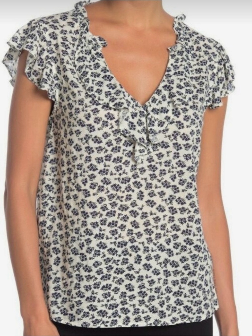 Velvet by Graham & Spencer Cream Blouse with Navy Floral Ruffle V-Neck